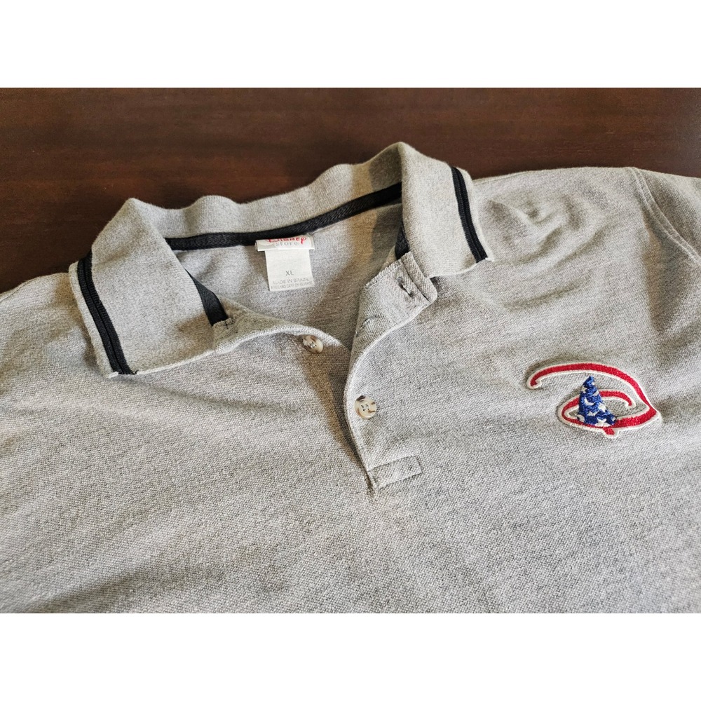 Disney Store Polo Shirt Mens XL Gray Sorcerer Mickey Hat Embroidered Pique